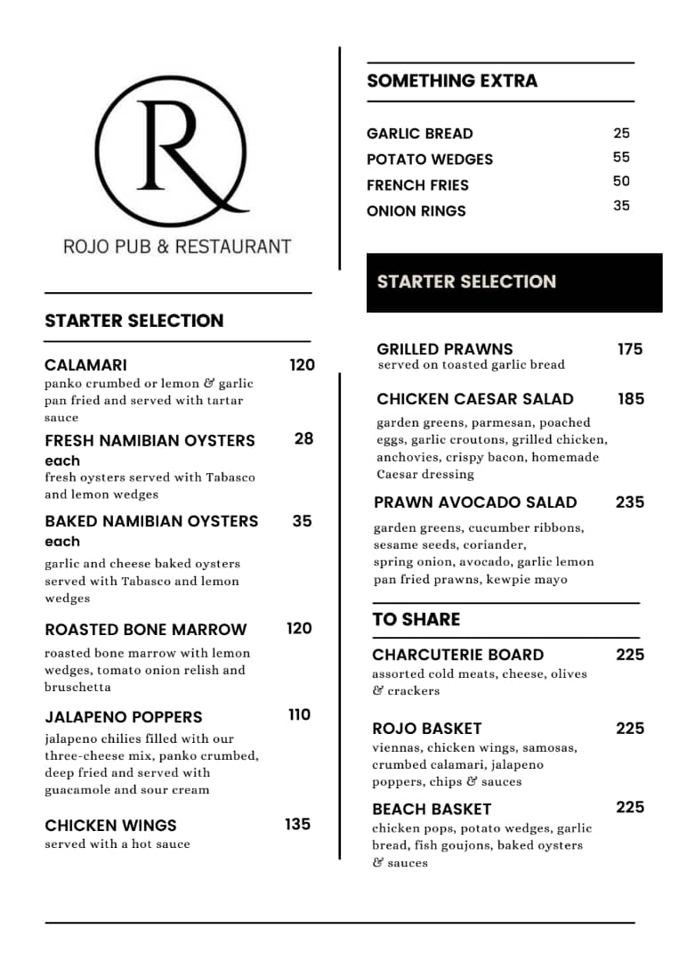 Rojo Starters Menu