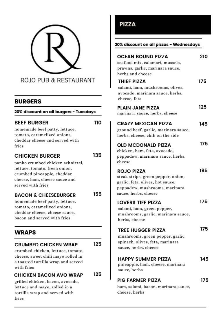 Rojo Burger Pizza Menu