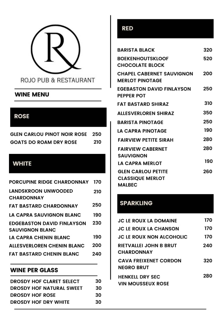 Rojo Wine Menu